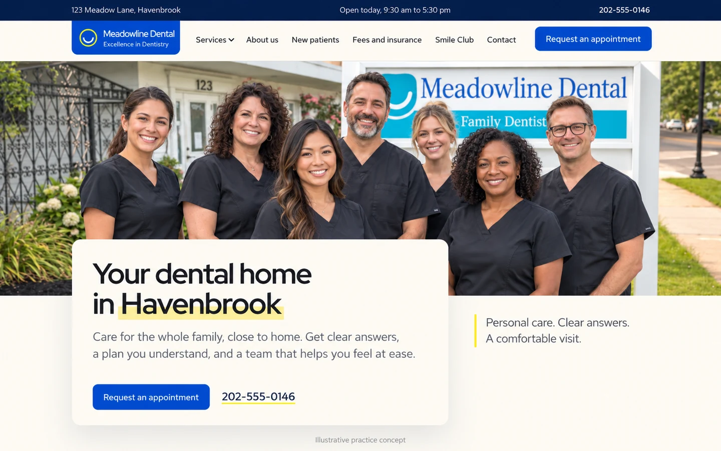 Sample dental practice website with a team photo, opening hours, a phone number and an appointment request button